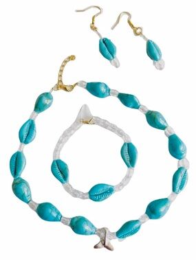 New Handmade Artisan Turquoise Coffee Bean Shell Necklace Earring Bracelet Set